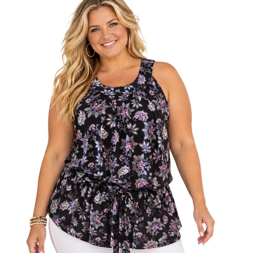 Lane Bryant Goddess Neck Belted Tank Womens Sz 26/28 Black Purple Floral Top 4X